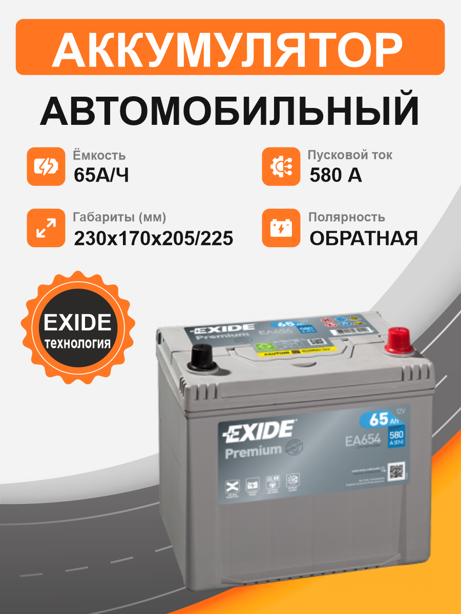      Аккумулятор Exide EA 654 65 Ah о.п. старт.ток 580 A,