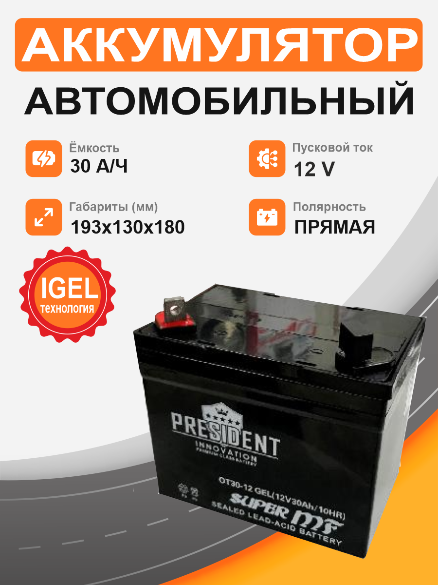 Аккумулятор для ИБП PRESIDENT 12V 30Ah п.п. OT30-12 IGEL
