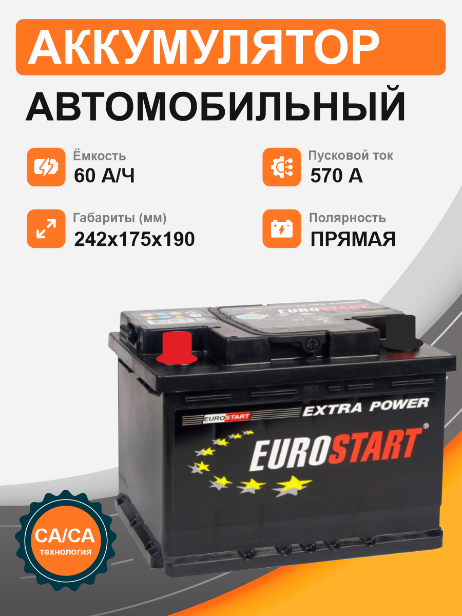 Аккумулятор EUROSTART 60 Ah п.п. старт. ток 570 А L2 корпус