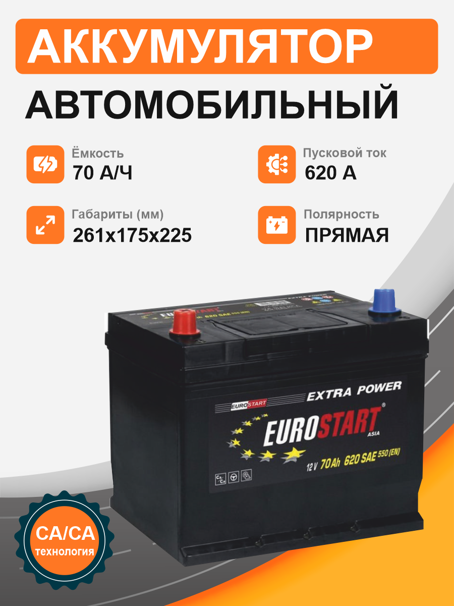 Аккумулятор EUROSTART 70 Ah п.п. старт. ток 620 А Азия D26 корпус 