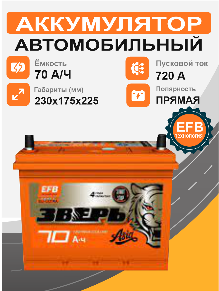 Аккумулятор Зверь Asia EFB 70 п.п. стартовый ток 720 EN ZVEFBA 70-3-L