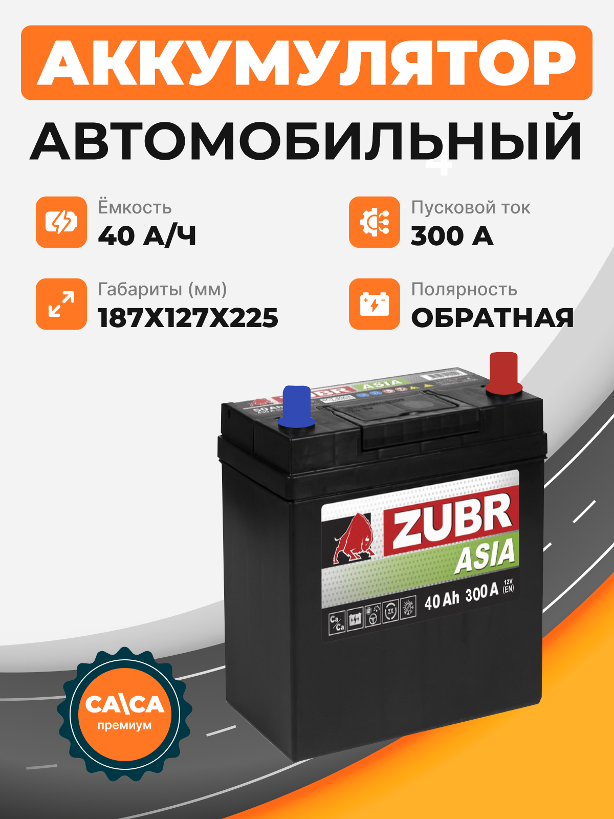 Аккумулятор ZUBR PREMIUM ASIA 40 Ah о.п. старт.ток 300 А тонкая клемма с переходником без борта