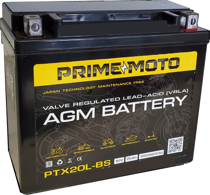 Мотоциклетная батарея Prime 20Ah о.п. старт. ток 350 А PTX20L-BS залитые