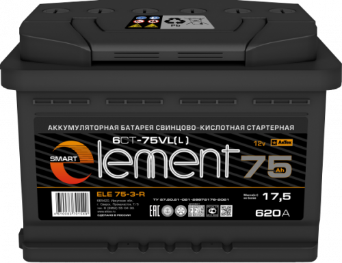 Аккумулятор Smart Element 75 п.п. стартовый ток 620 EN ELE 75-3-L
