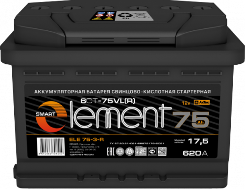 Аккумулятор Smart Element 75 о.п. стартовый ток 620 EN ELE 75-3-R