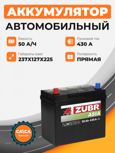 Аккумулятор ZUBR PREMIUM ASIA 50 Ah п.п. старт.ток 450 А тонкая клемма с переходником без борта
