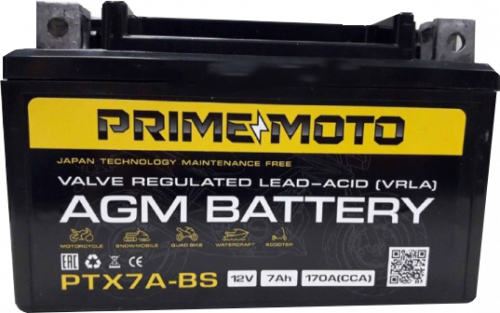 Мотоциклетная батарея Prime 7Ah п.п. старт. ток 170 А РTX7A-BS залитые