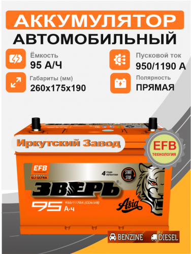 Аккумулятор Зверь Asia EFB 95 п.п. стартовый ток 950 EN ZVEFBA 95-3-L