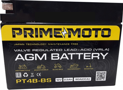 Мотоциклетная батарея Prime 2,5Ah о.п. старт. ток 90 А РT4В-BS залитые